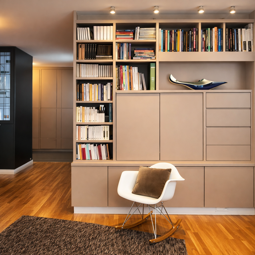 Contemporary living room with shelving unit