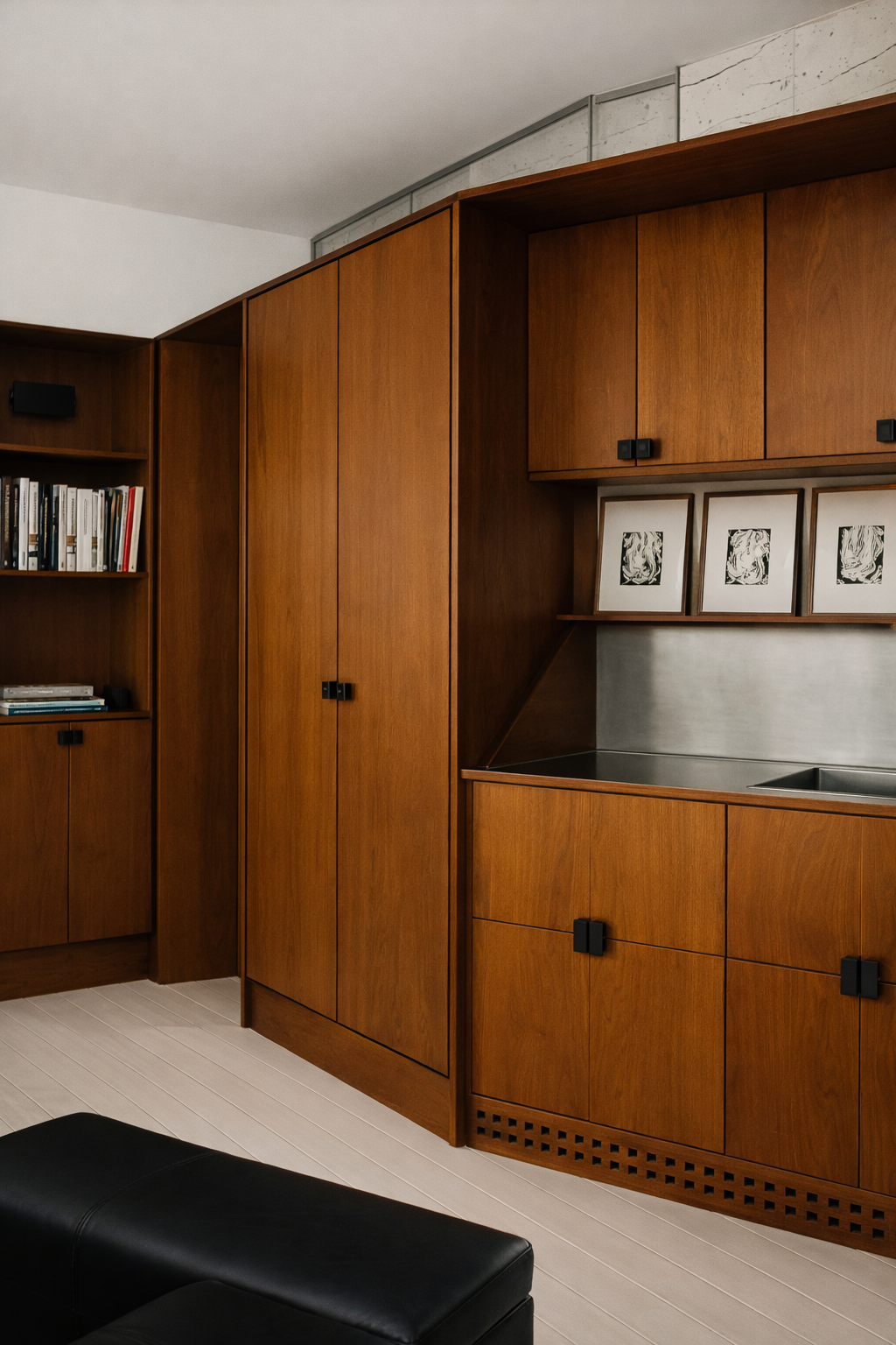 Rich wood cabinetry and sleek kitchenette